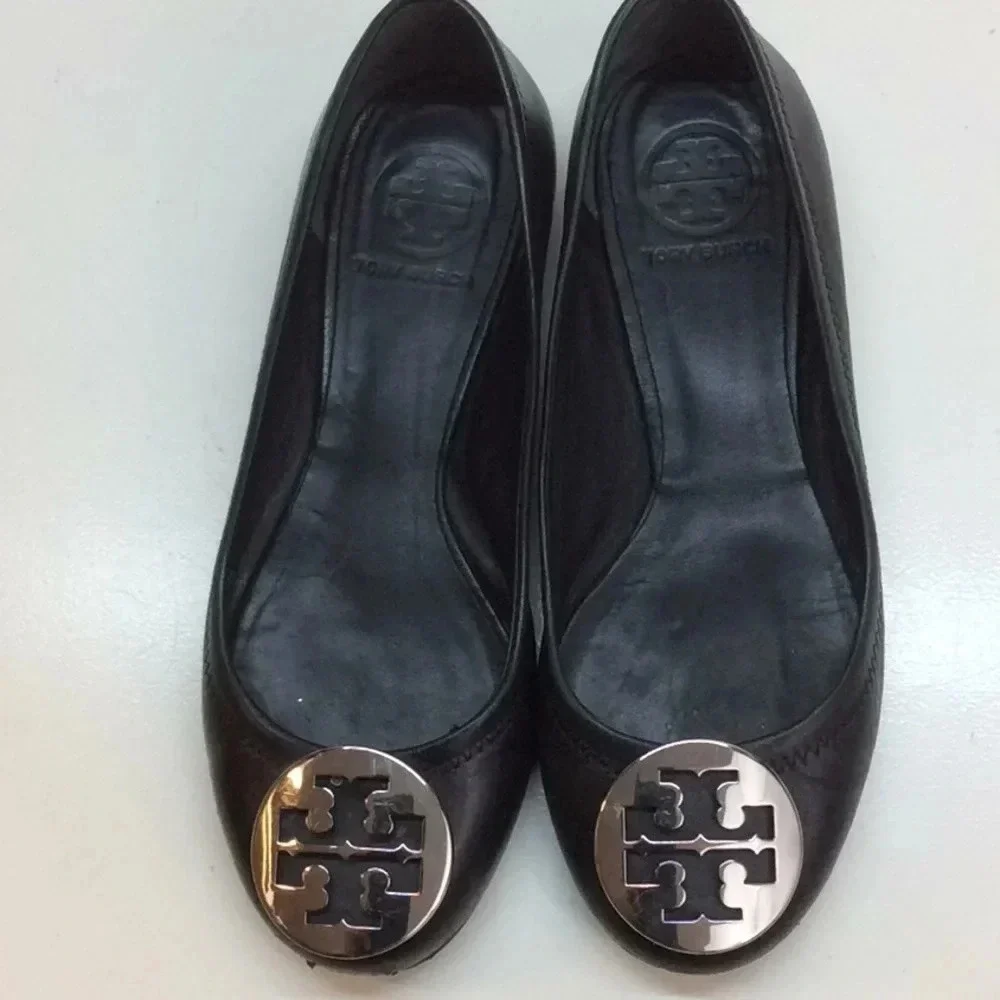 Tory Burch Black Leather Flats with Silver Logo